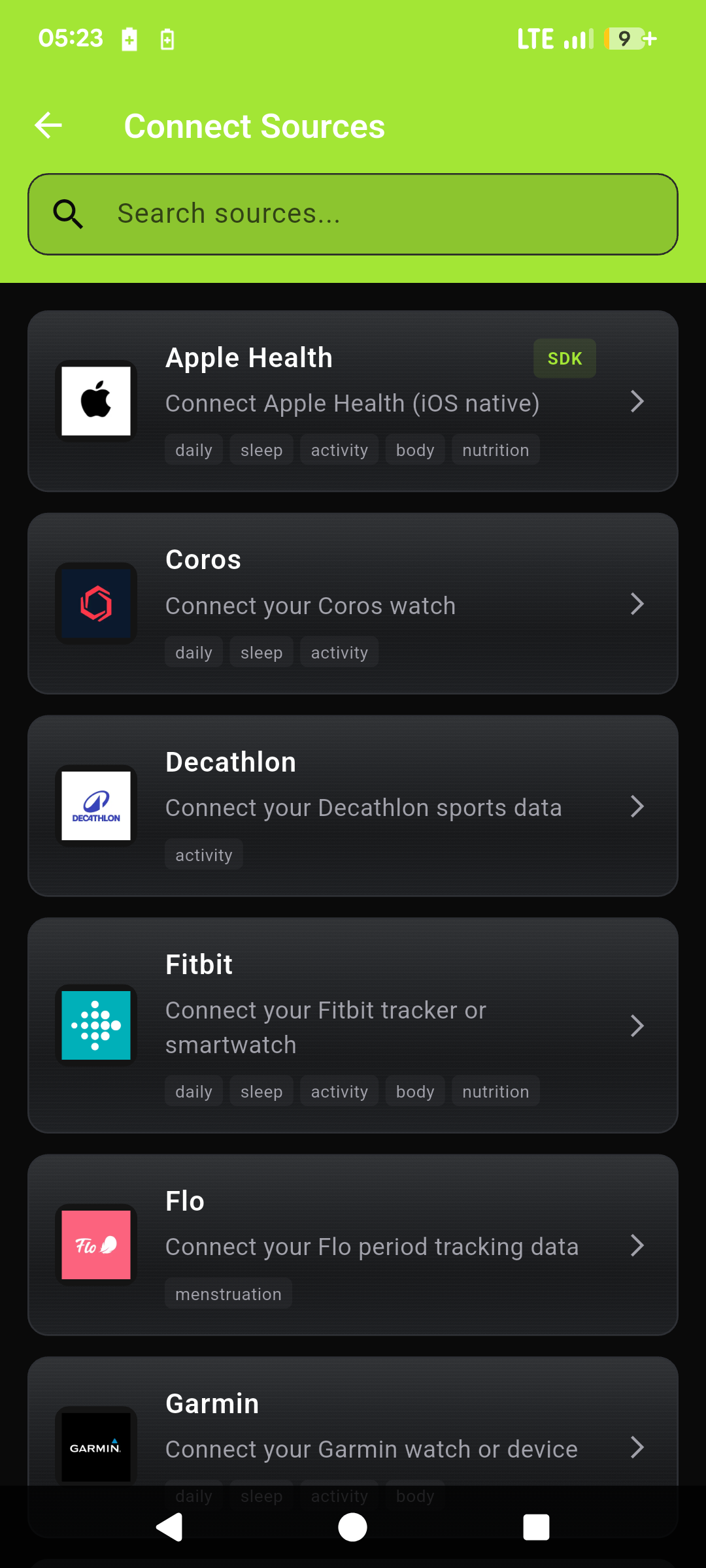 FitCursor Connect Sources screen showing wearable device options