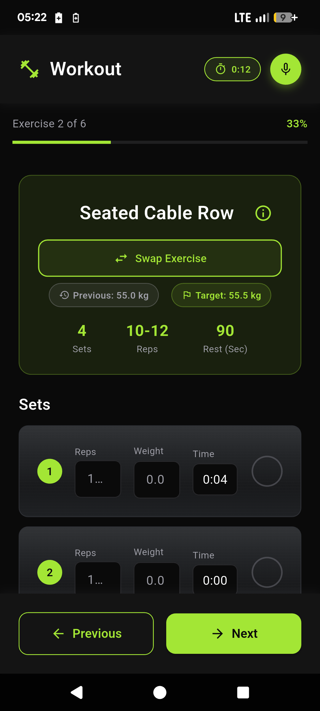 FitCursor active workout tracking screen with sets, reps, and weight input